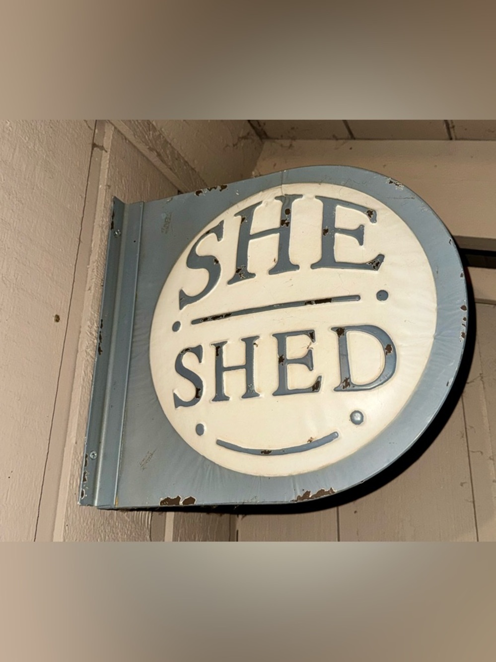 Metal 'SHE SHED' Decorative Sign in Light Blue and Cream